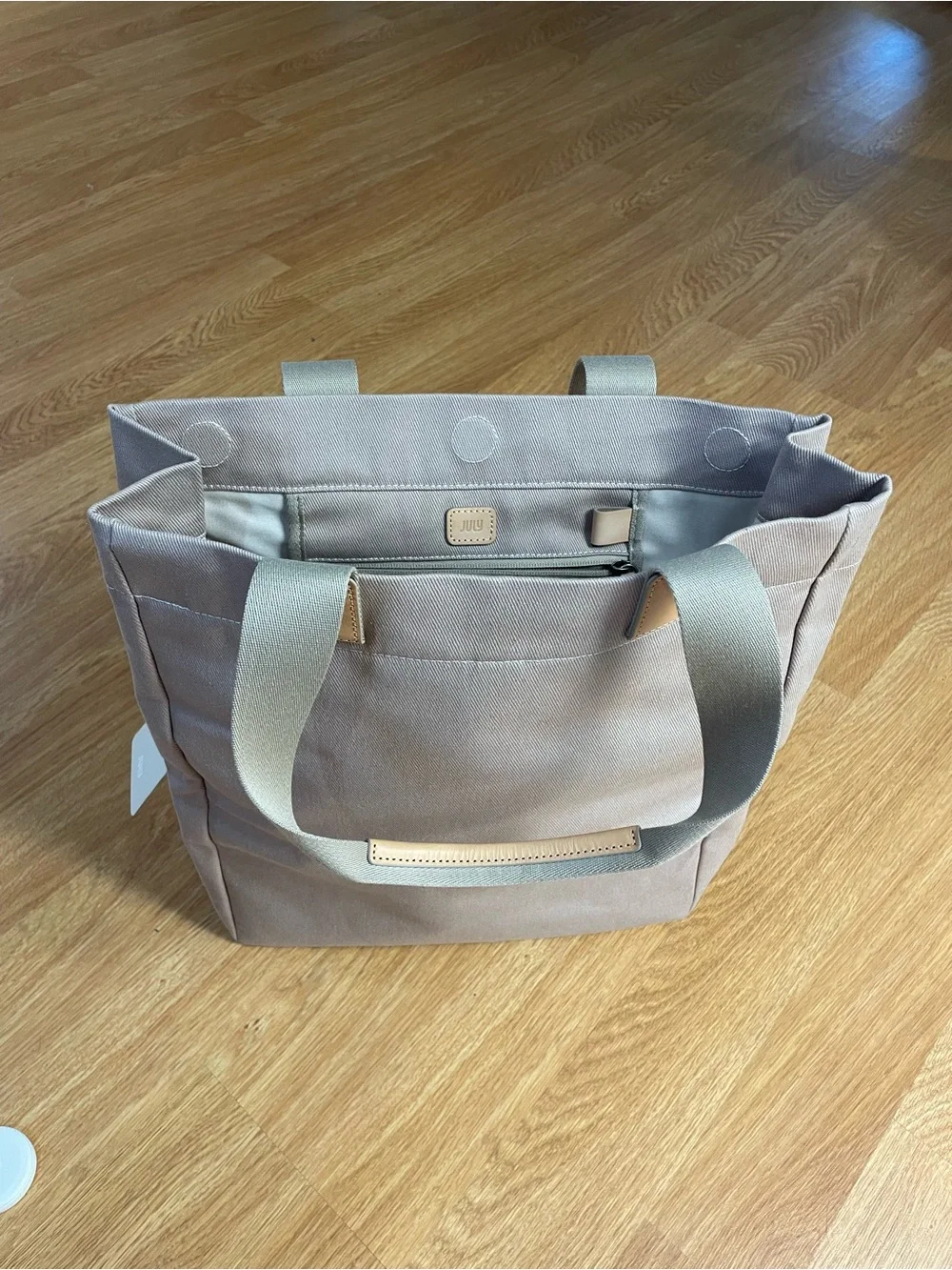 July Daybreak Taupe Beige Canvas Laptop Tote with Tan Accents